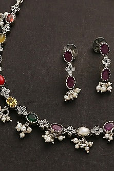 White Finish Multi-Colored Kemp Stone Necklace Set In Sterling Silver