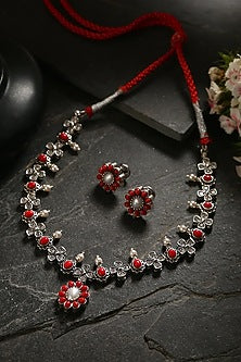 White Finish Red Kemp Stone Necklace Set In Sterling Silver