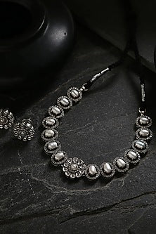 White Finish CZ & Pearl Tribal Choker Necklace Set In Sterling Silver