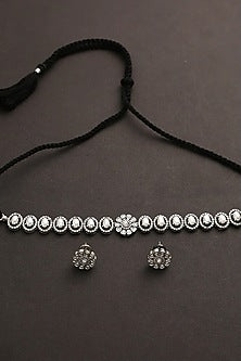 White Finish CZ & Pearl Tribal Choker Necklace Set In Sterling Silver