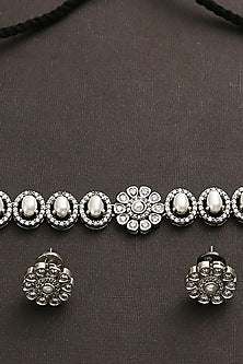 White Finish CZ & Pearl Tribal Choker Necklace Set In Sterling Silver