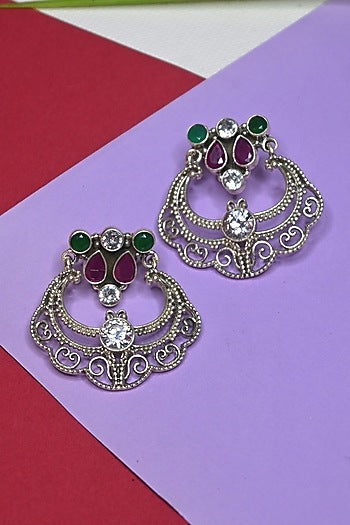 White Finish Temple Dangler Earrings In Sterling Silver