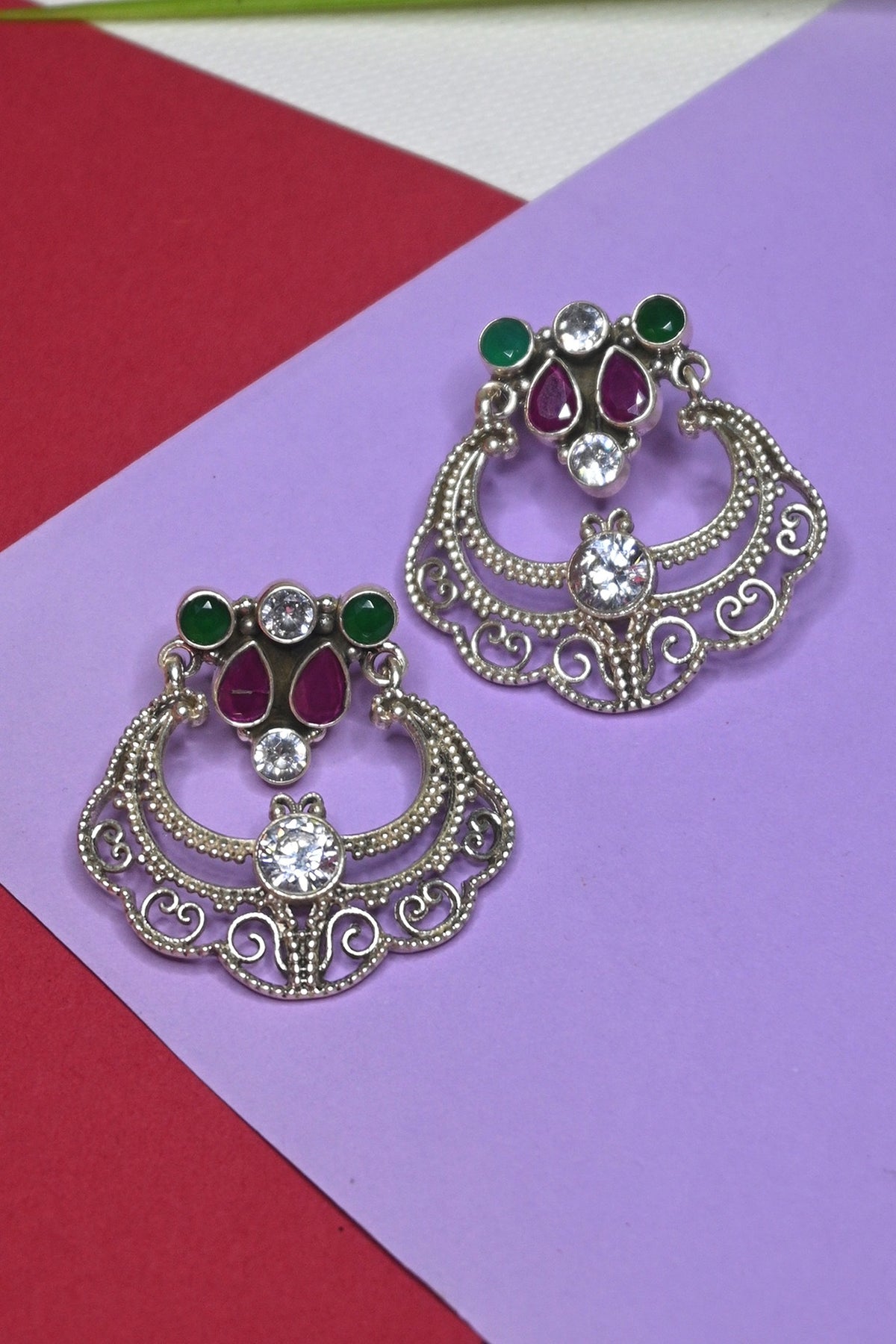 White Finish Temple Dangler Earrings In Sterling Silver