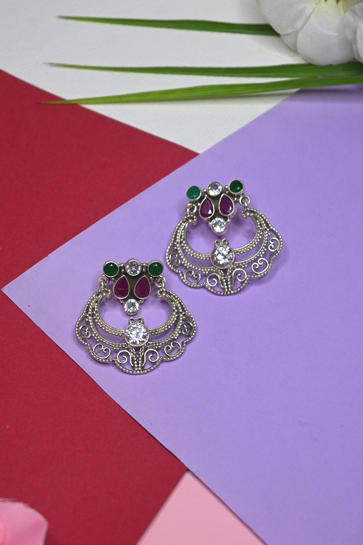 White Finish Temple Dangler Earrings In Sterling Silver