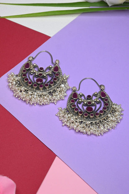 White Finish Ruby Temple Dangler Earrings In Sterling Silver