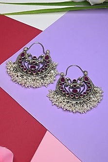 White Finish Ruby Temple Dangler Earrings In Sterling Silver
