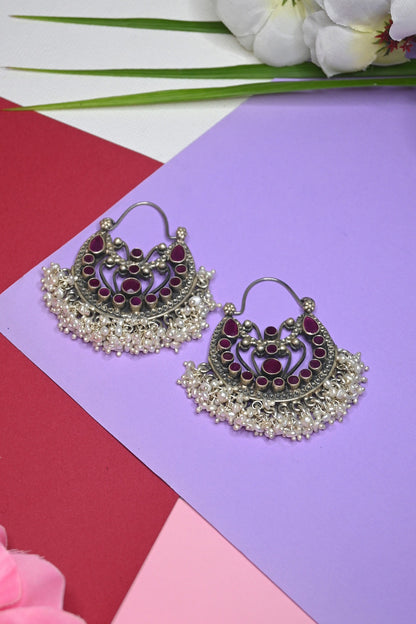 White Finish Ruby Temple Dangler Earrings In Sterling Silver