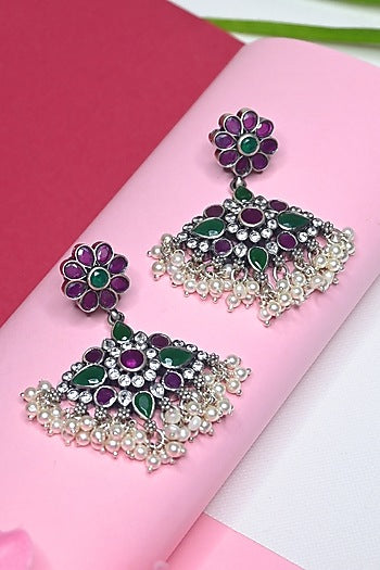 White Finish Temple Dangler Earrings In Sterling Silver