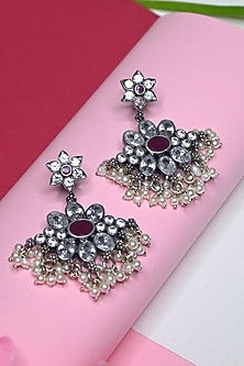 White Finish Temple Dangler Earrings In Sterling Silver
