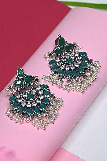 White Finish Temple Dangler Earrings In Sterling Silver