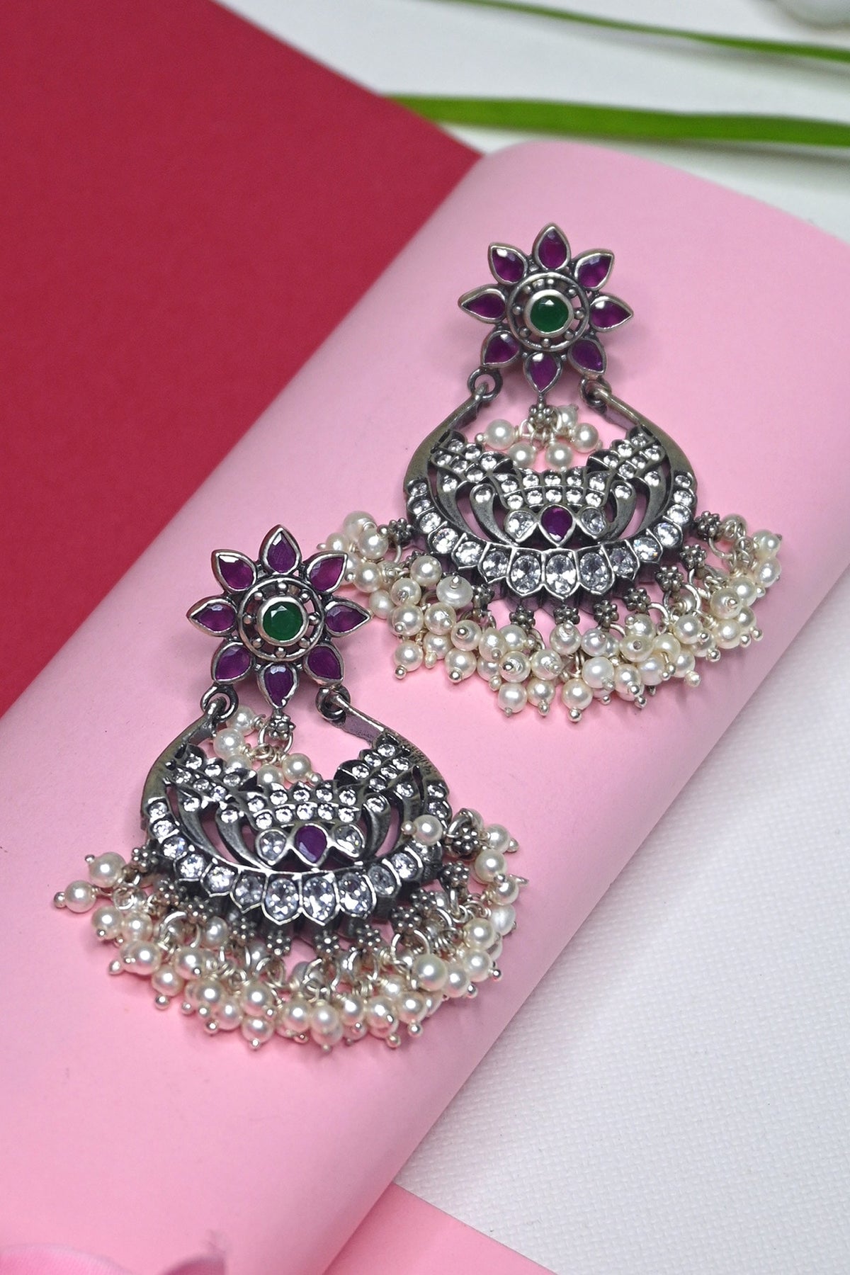 White Finish Temple Dangler Earrings In Sterling Silver