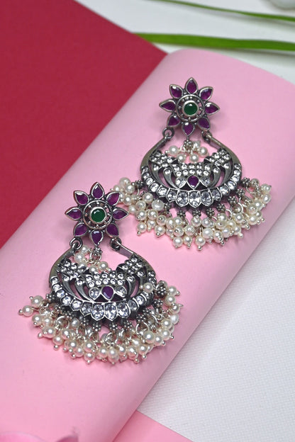 White Finish Temple Dangler Earrings In Sterling Silver