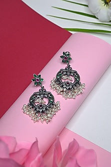 White Finish Temple Dangler Earrings In Sterling Silver