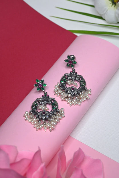 White Finish Temple Dangler Earrings In Sterling Silver
