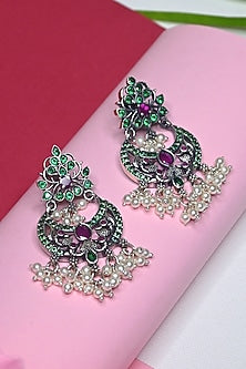 White Finish Temple Dangler Earrings In Sterling Silver
