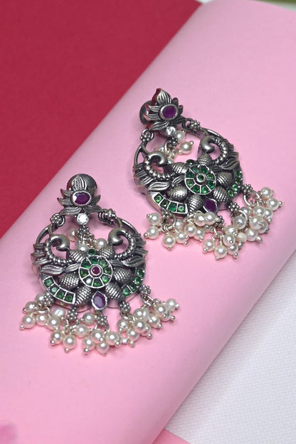 White Finish Temple Dangler Earrings In Sterling Silver