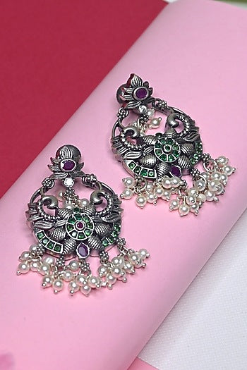 White Finish Temple Dangler Earrings In Sterling Silver