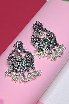 White Finish Temple Dangler Earrings In Sterling Silver