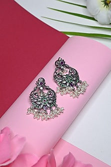 White Finish Temple Dangler Earrings In Sterling Silver