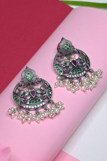 White Finish Temple Dangler Earrings In Sterling Silver