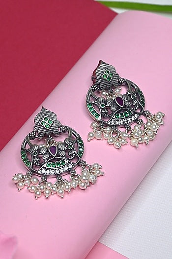 White Finish Temple Dangler Earrings In Sterling Silver