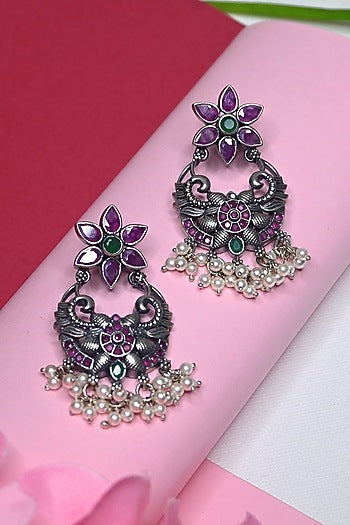 White Finish Temple Dangler Earrings In Sterling Silver