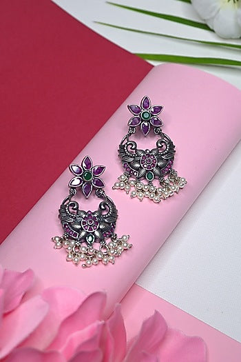 White Finish Temple Dangler Earrings In Sterling Silver