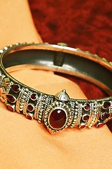 White Finish Synthetic Ruby Tribal Cuff In Sterling Silver