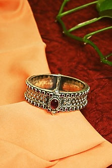White Finish Synthetic Ruby Tribal Cuff In Sterling Silver