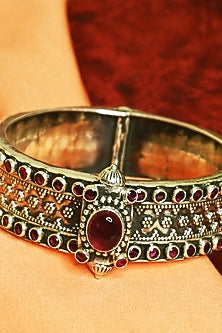 White Finish Synthetic Ruby Tribal Cuff In Sterling Silver