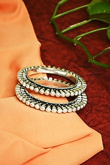 White Finish Pearl Tribal Cuff In Sterling Silver (Set of 2)