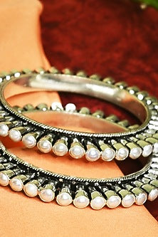 White Finish Pearl Tribal Cuff In Sterling Silver (Set of 2)