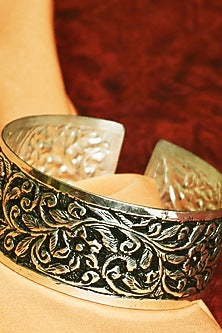 White Finish Tribal Cuff In Sterling Silver