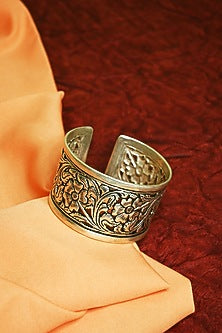 White Finish Tribal Cuff In Sterling Silver