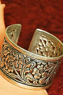 White Finish Tribal Cuff In Sterling Silver