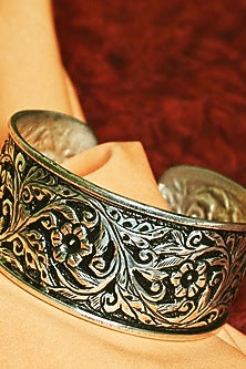 White Finish Tribal Cuff In Sterling Silver