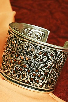 White Finish Tribal Cuff In Sterling Silver