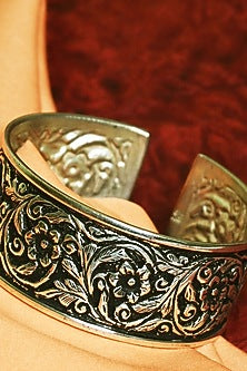White Finish Tribal Cuff In Sterling Silver