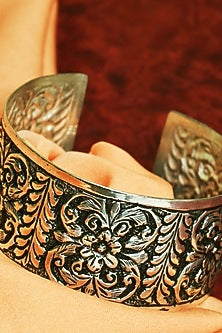 White Finish Tribal Cuff In Sterling Silver