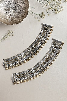 Two-Tone Finish CZ & Onyx Anklets In Sterling Silver (Set of 2)