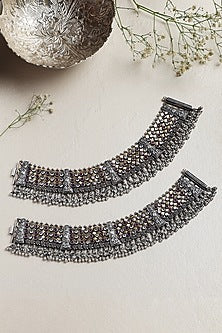 White Finish CZ & Onyx Anklets In Sterling Silver (Set of 2)