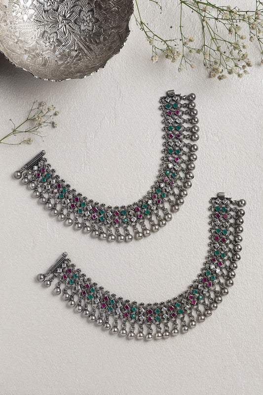 Two-Tone Finish Anklets In Sterling Silver (Set of 2)