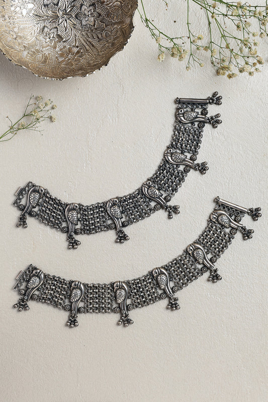 White Finish Peacock Anklets In Sterling Silver (Set of 2)