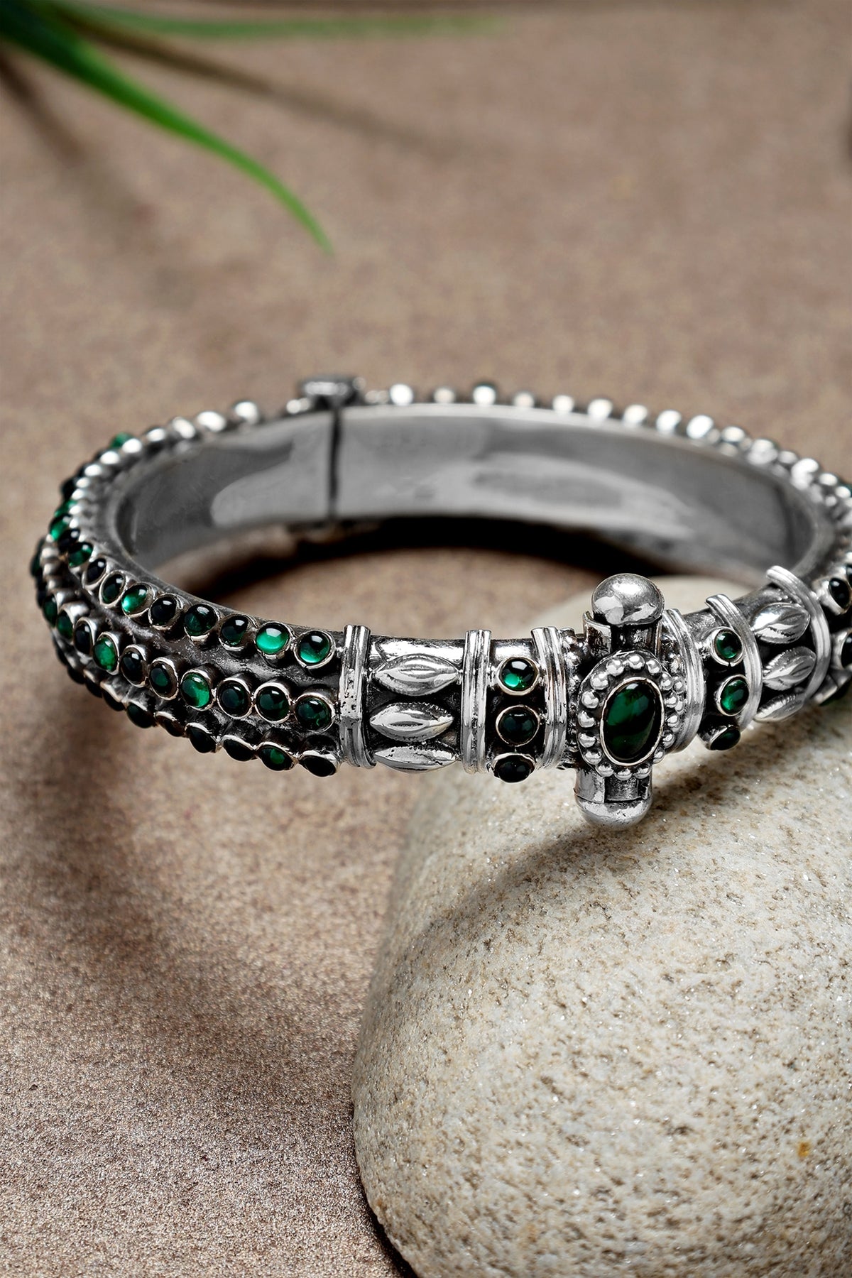 Silver Finish Green Onyx Kada In Sterling Silver