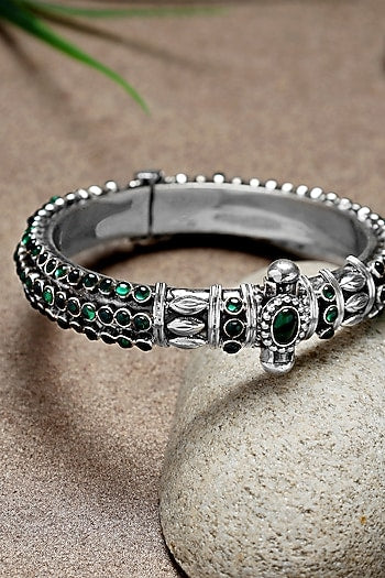 Silver Finish Green Onyx Kada In Sterling Silver