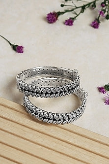 Silver Finish Cz Leaf Bangles In Sterling Silver (Set of 2)