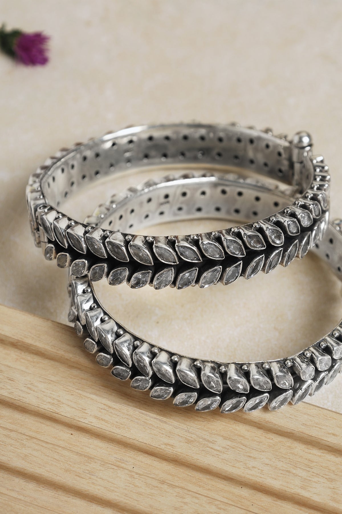 Silver Finish Cz Leaf Bangles In Sterling Silver (Set of 2)