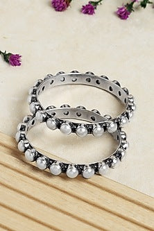 Silver Finish Freshwater Pearl Bangles In Sterling Silver (Set of 2)