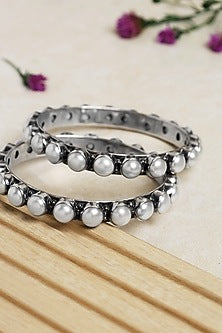 Silver Finish Freshwater Pearl Bangles In Sterling Silver (Set of 2)