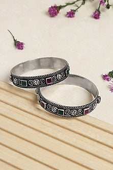 Silver Finish Onyx Tribal Bangles In Sterling Silver (Set of 2)